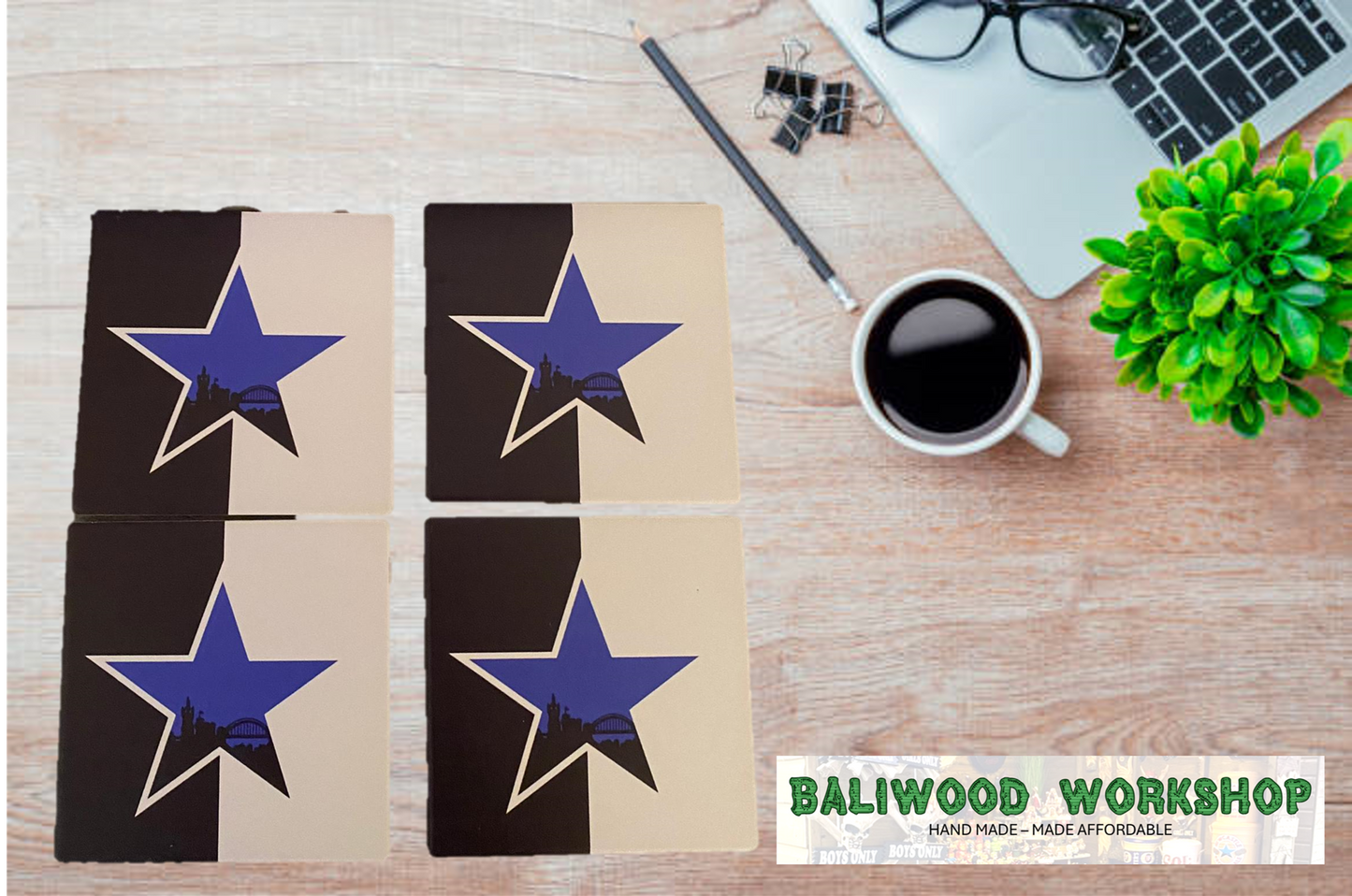 Newcastle Breweries Blue Star 4 x Ceramic Coasters with cork underlay