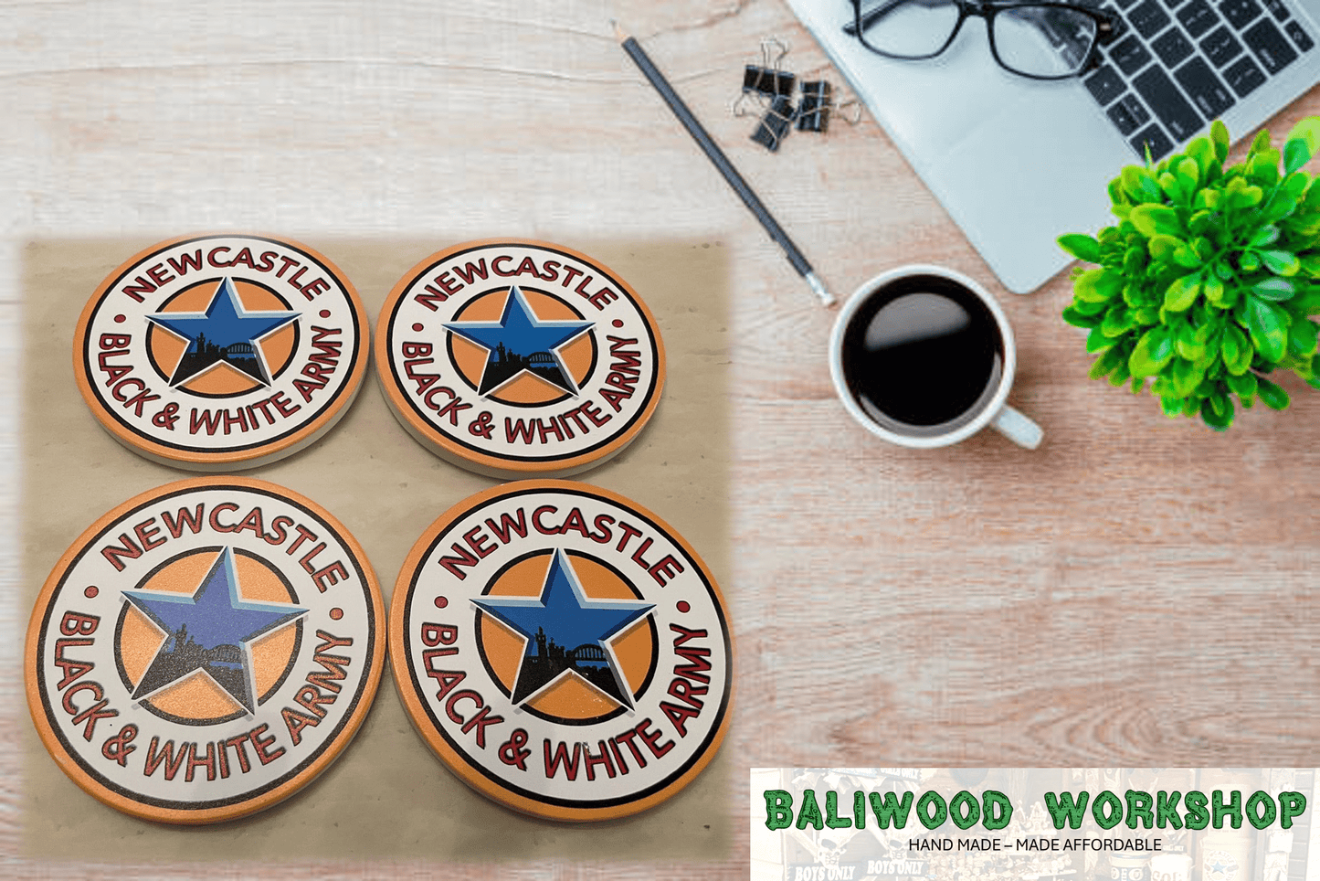 Newcastle Breweries Brown Ale Black and White Army 4 x Ceramic Coasters with cork underlay