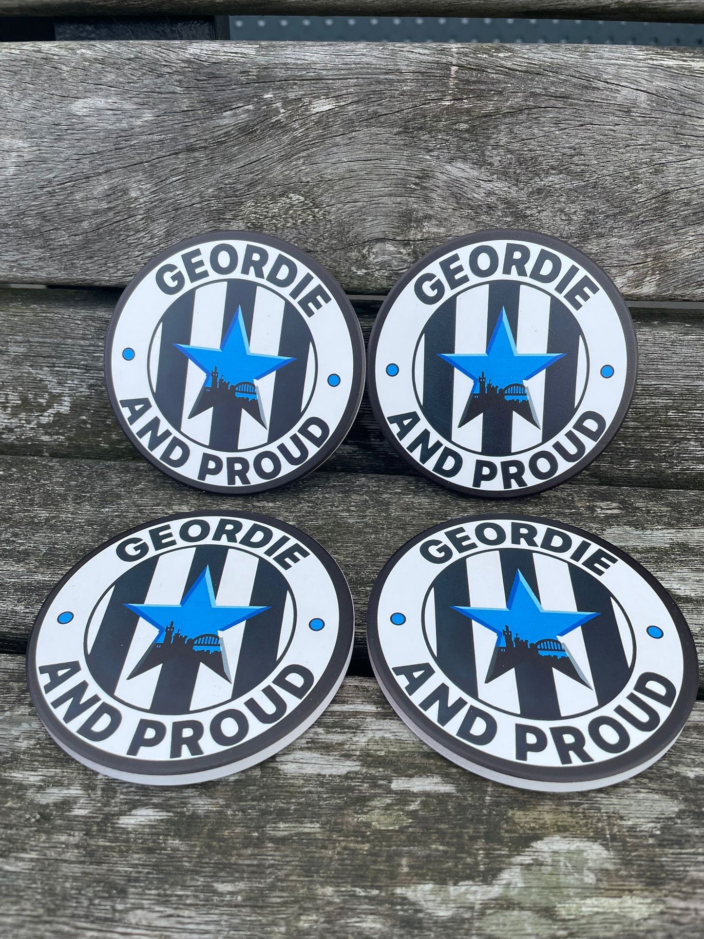 Geordie & Proud Black and White Blue Star 4 x Ceramic Coasters with cork underlay