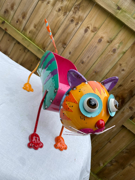 Large Recycled Metal Plant Pot -  Casey The Cat - Recycled metal, Funky colour and Bobbing head