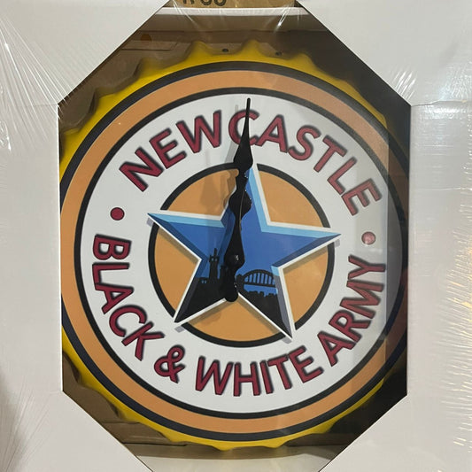 Clock with our Newcastle Breweries Black and White Army Huge Bottle Top - Exclusive to Baliwood