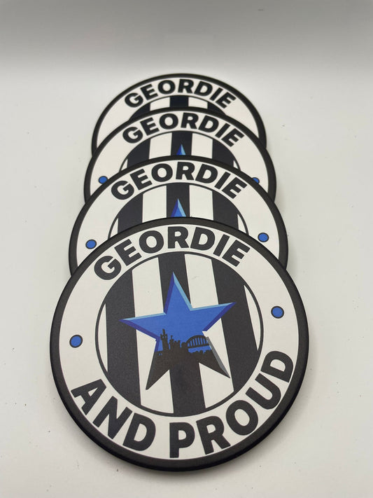 Geordie & Proud Black and White Blue Star 4 x Ceramic Coasters with cork underlay