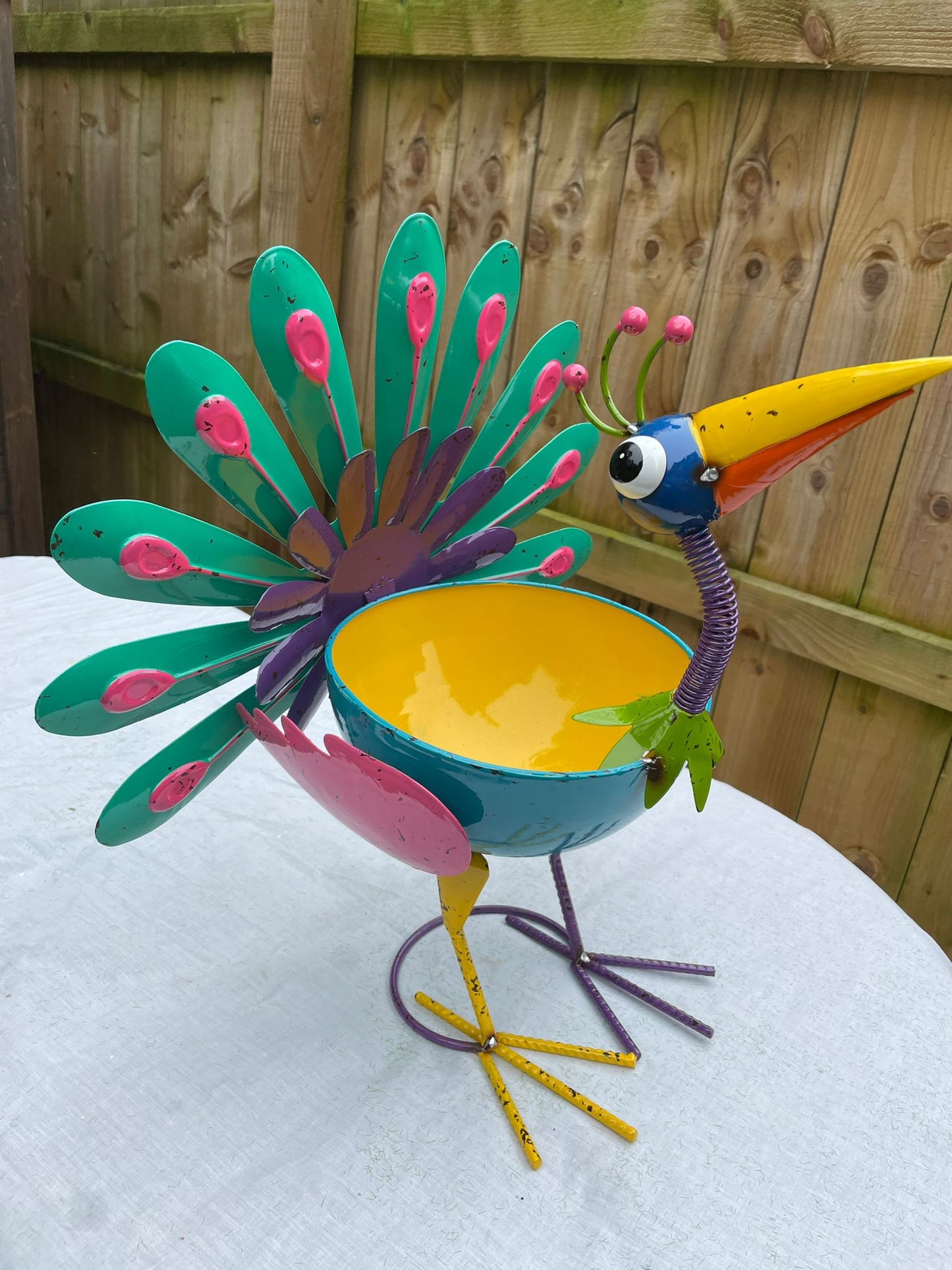 Large Recycled Metal Plant Pot -  Pat The Peacock - Recycled metal, Funky colour and Bobbing head